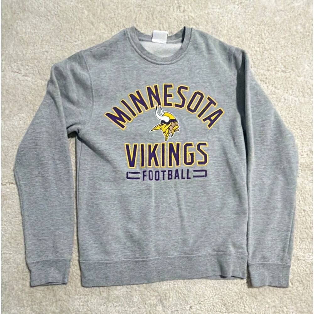 Majestic Minnesota Vikings NFL Football Gray Crewneck Sweatshirt Purple Yellow S